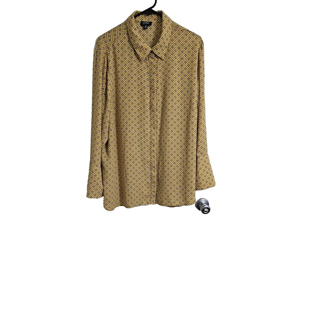 Jones New York Womens Geometric Blouse 2X Mustard White Mature Career Lightweigh